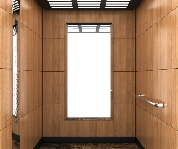 En hisskorg som utstrålar en känsla av elegans och klass, med en stilren träinredning som är både tidlös och modern.