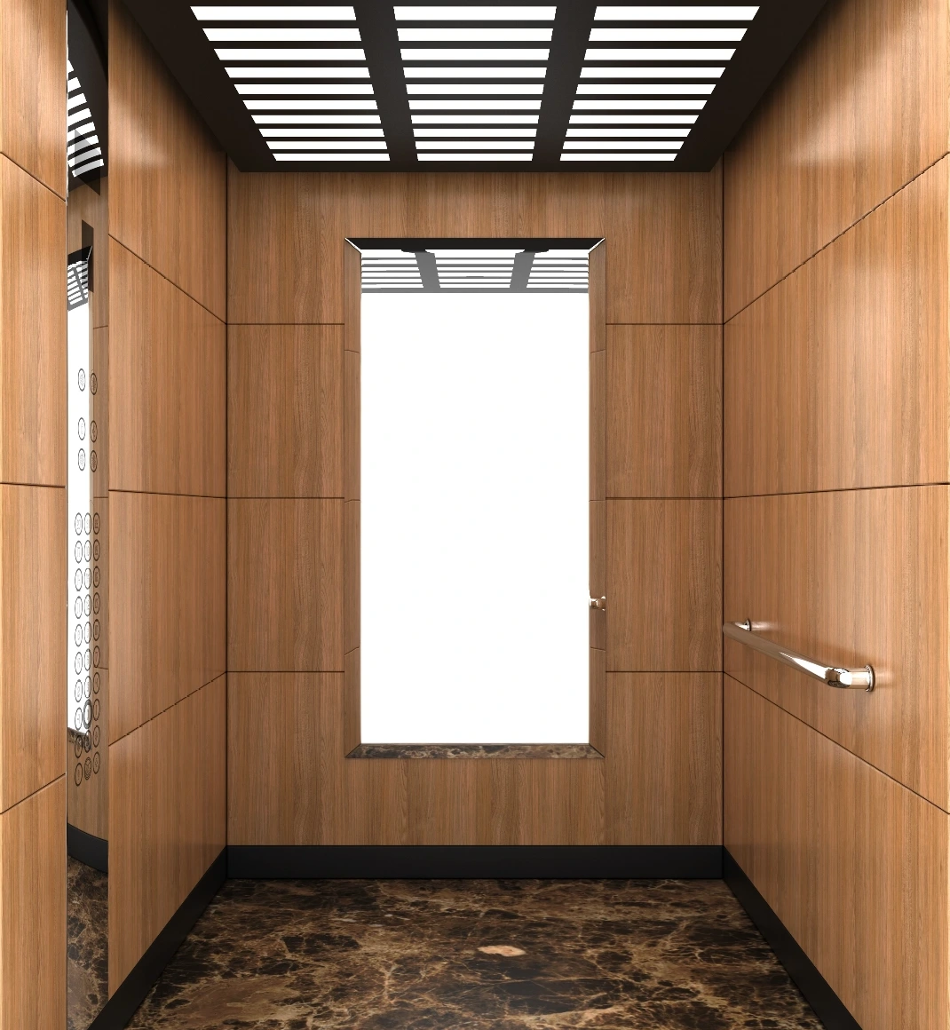 En hisskorg som utstrålar en känsla av elegans och klass, med en stilren träinredning som är både tidlös och modern.