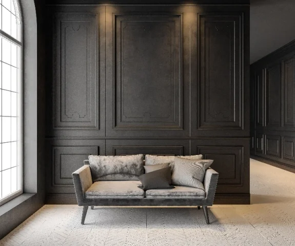 Specialdesignad soffa i en elegant hall med en mörk trävägg som bakgrund.