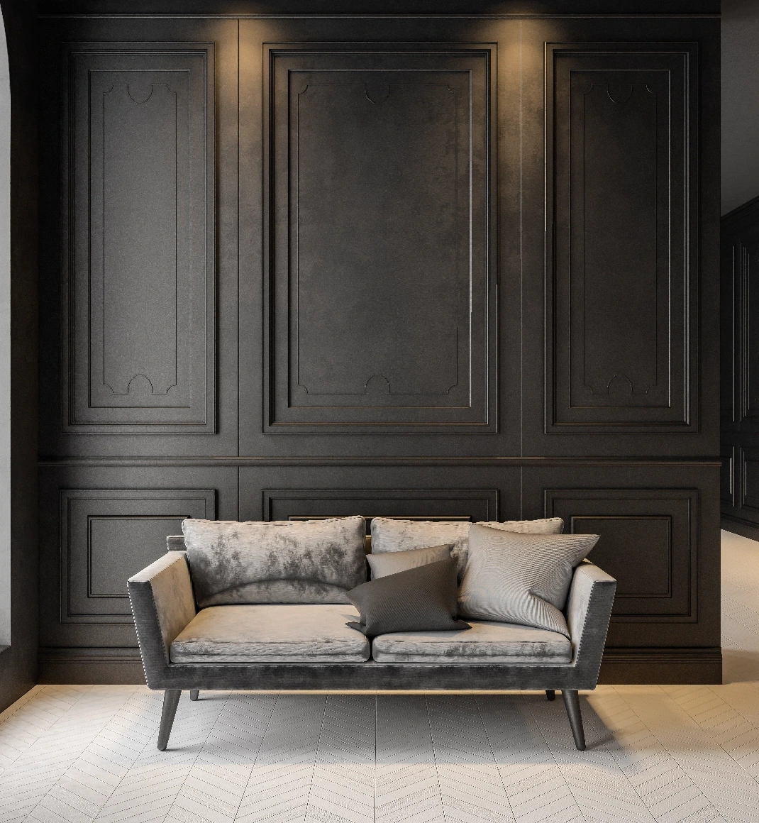 Specialdesignad soffa i en elegant hall med en mörk trävägg som bakgrund.