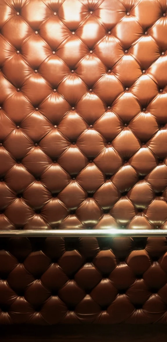 En hisskorg med smidiga väggar klädda i mjukt brun läder. En elegant interiör som ger en lyxig och bekväm hissupplevelse.